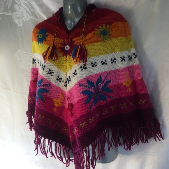 Multicolor Knit Poncho with Fringe - Picture 3 of 16